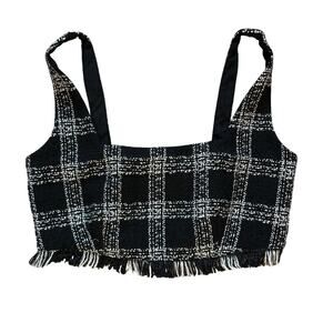 House of Harlow 1960 XS Black White Plaid Fringe Crop Top